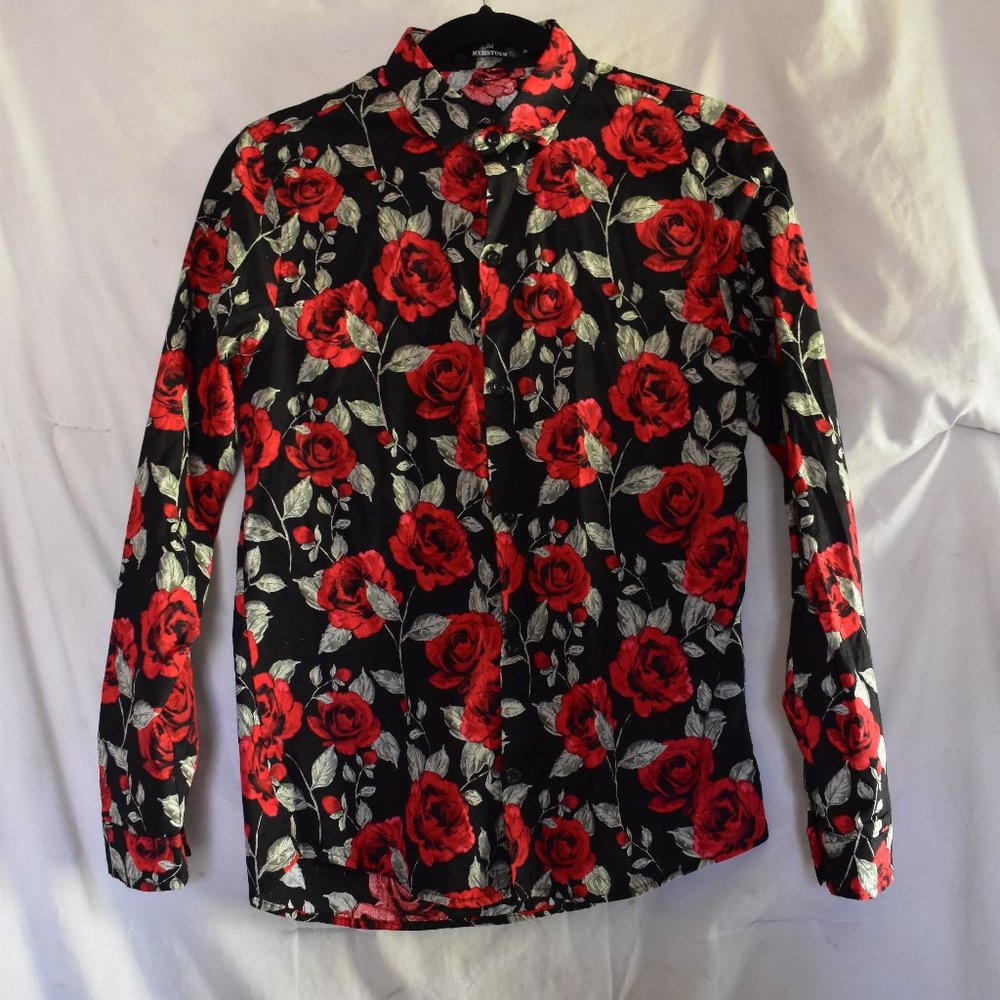 MYMSTORM Red Rose Button Down Shirt